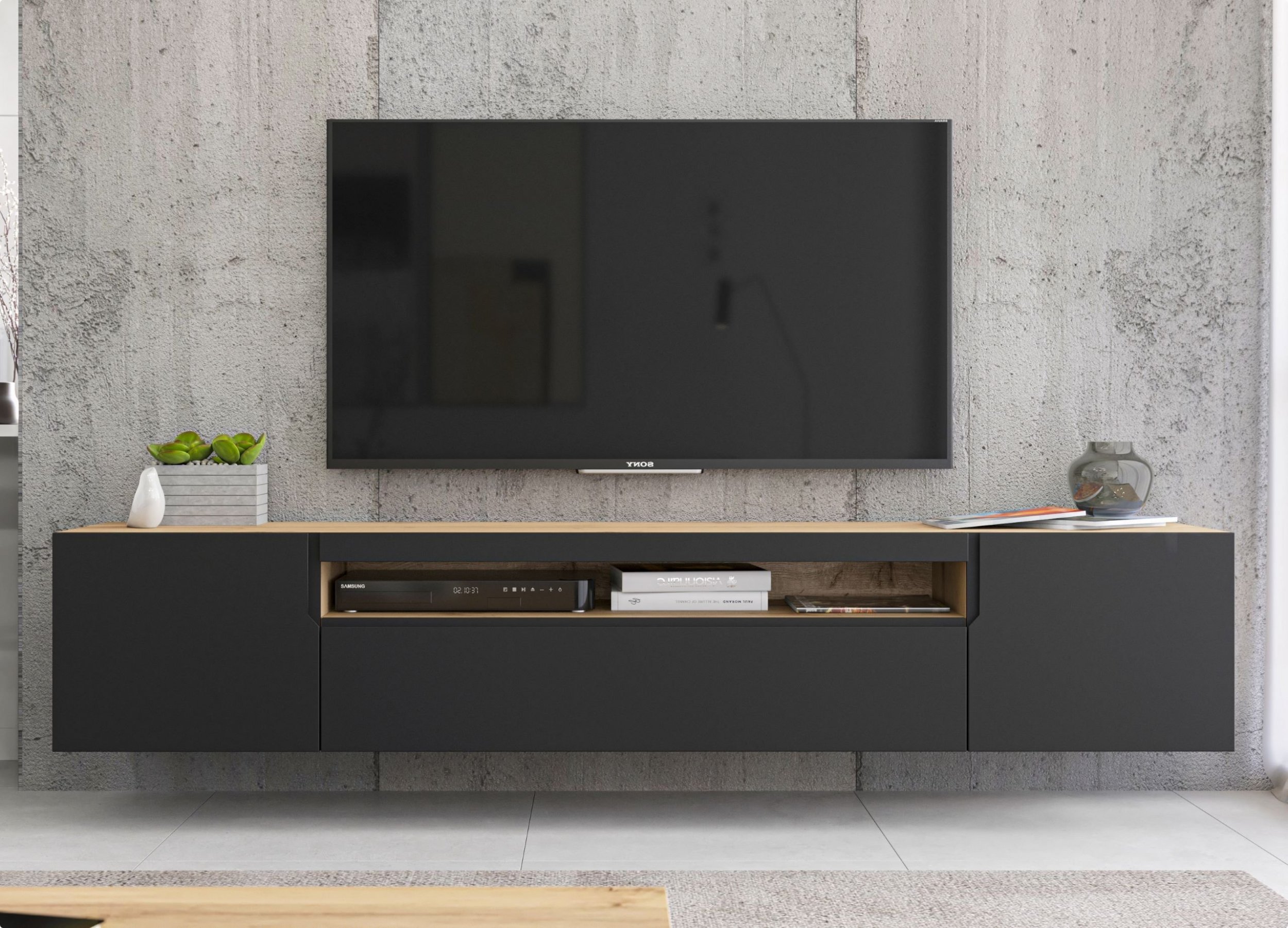 Meble Lindner Wisząca szafka RTV Loft Industrialna Dąb artisan czarny MAT 200 cm