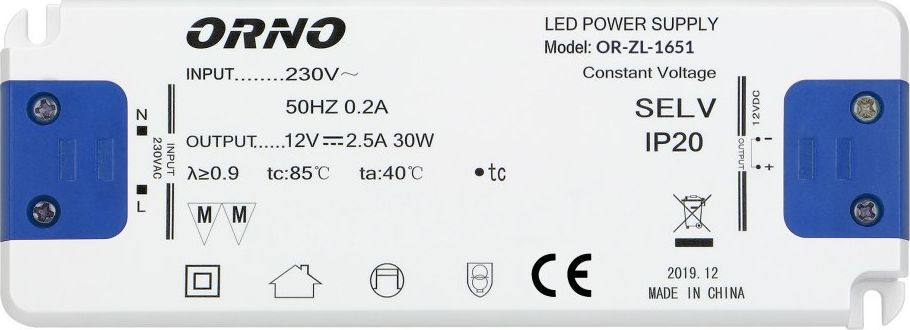 Zasilacz serwerowy Orno Zasilacz płaski do LED 12VDC 30W, IP20, wysokość 18mm