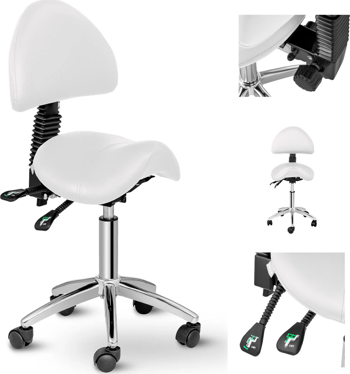 Physa Krzesło kosmetyczne siodłowe z oparciem obrotowe regulowane BERLIN - białe Krzesło kosmetyczne siodłowe z oparciem obrotowe regulowane BERLIN -