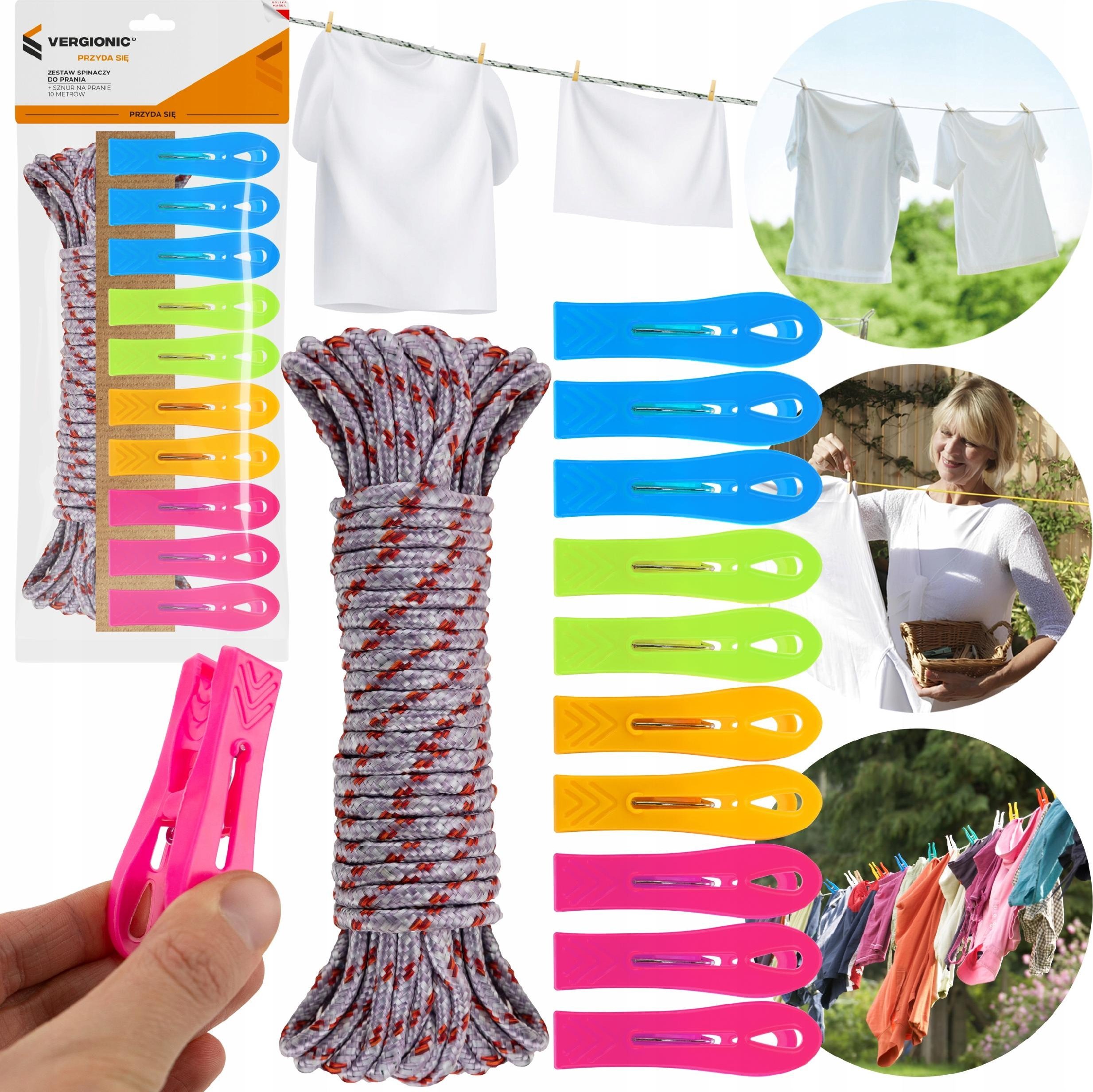 VERGIONIC ZESTAW SPINACZY DO PRANIA KLAMERKI ZAPINKI DO BIELIZNY KLIPSY 10szt + SZNUR