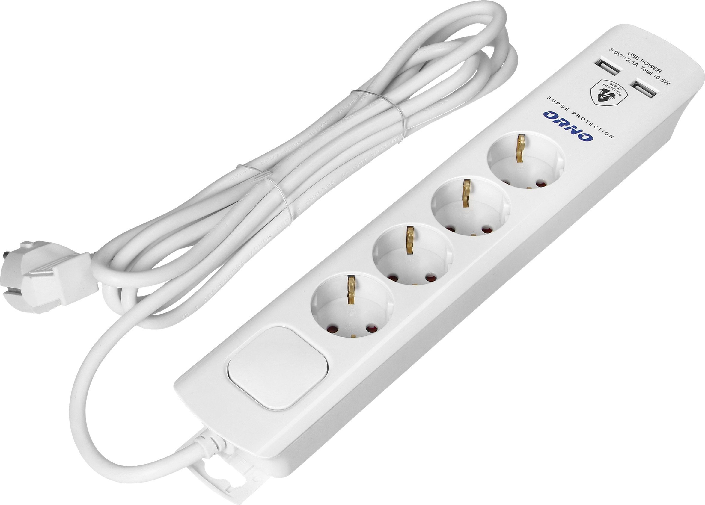 Orno Listwa przeciwprzepięciowa, 4 gniazda 2P+Z (Schuko), kabel 3x1,0mm2, 3m, z wyłącznikiem podświetlanym dwutorowym. 16A/230 VAC, Ochronnik przeciwp