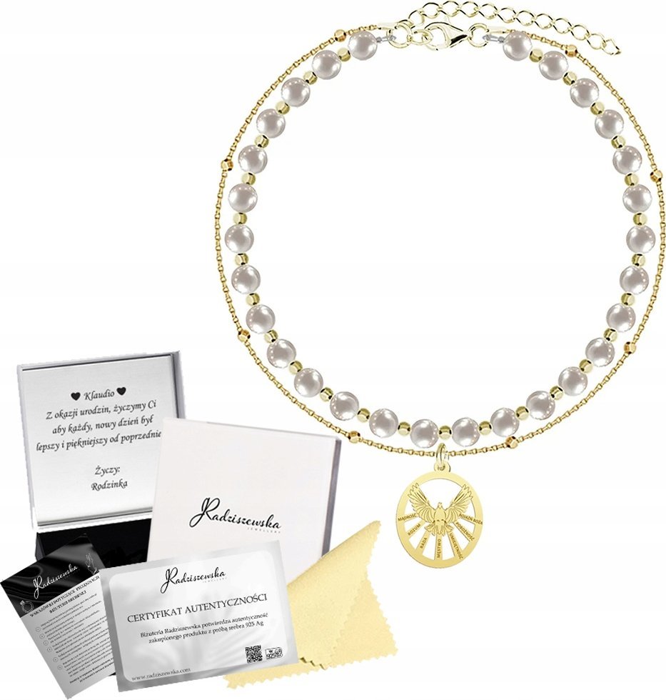 Radziszewska Jewellery Bransoletka Pozłacana Duch Święty Perły 925 Prezent Bierzmowanie DEDYKACJA