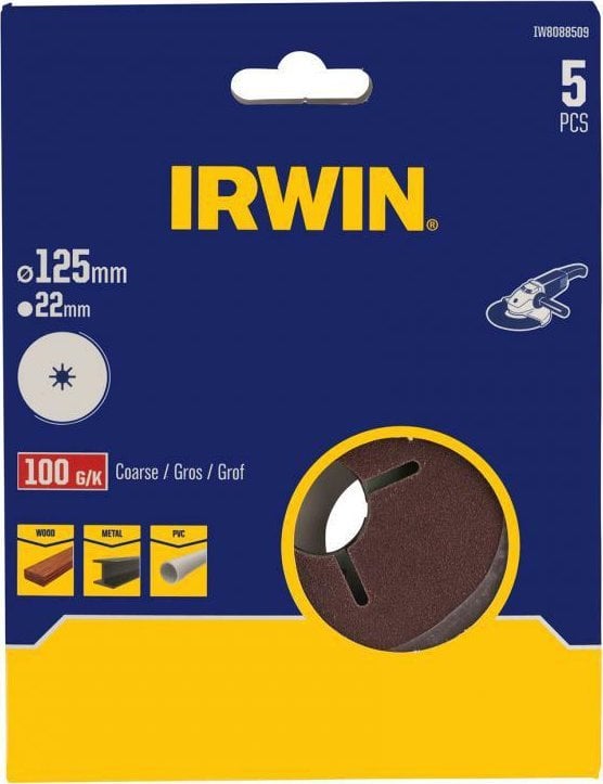 Irwin IRWIN KRĄŻEK FIBROWY 125mm, otwór 22mm, P 60 /5szt.