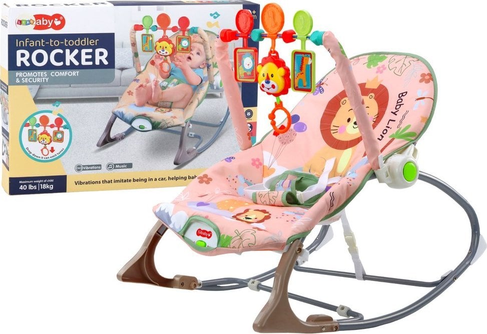 LeanToys Bujaczek Krzesełko Leżaczek Dla Niemowlaka Wibracja Dźwięk Bujak Różowy Lew