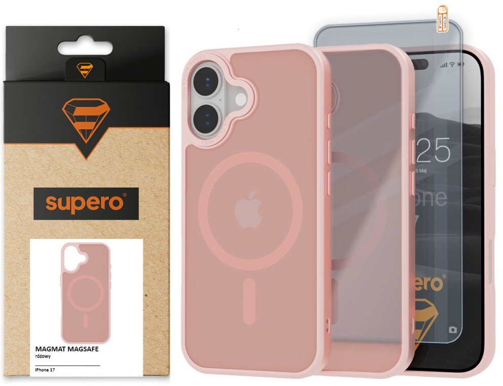 Etui matowe Supero Magmat MagSafe do iPhone 17, pudrowy róż + szkło