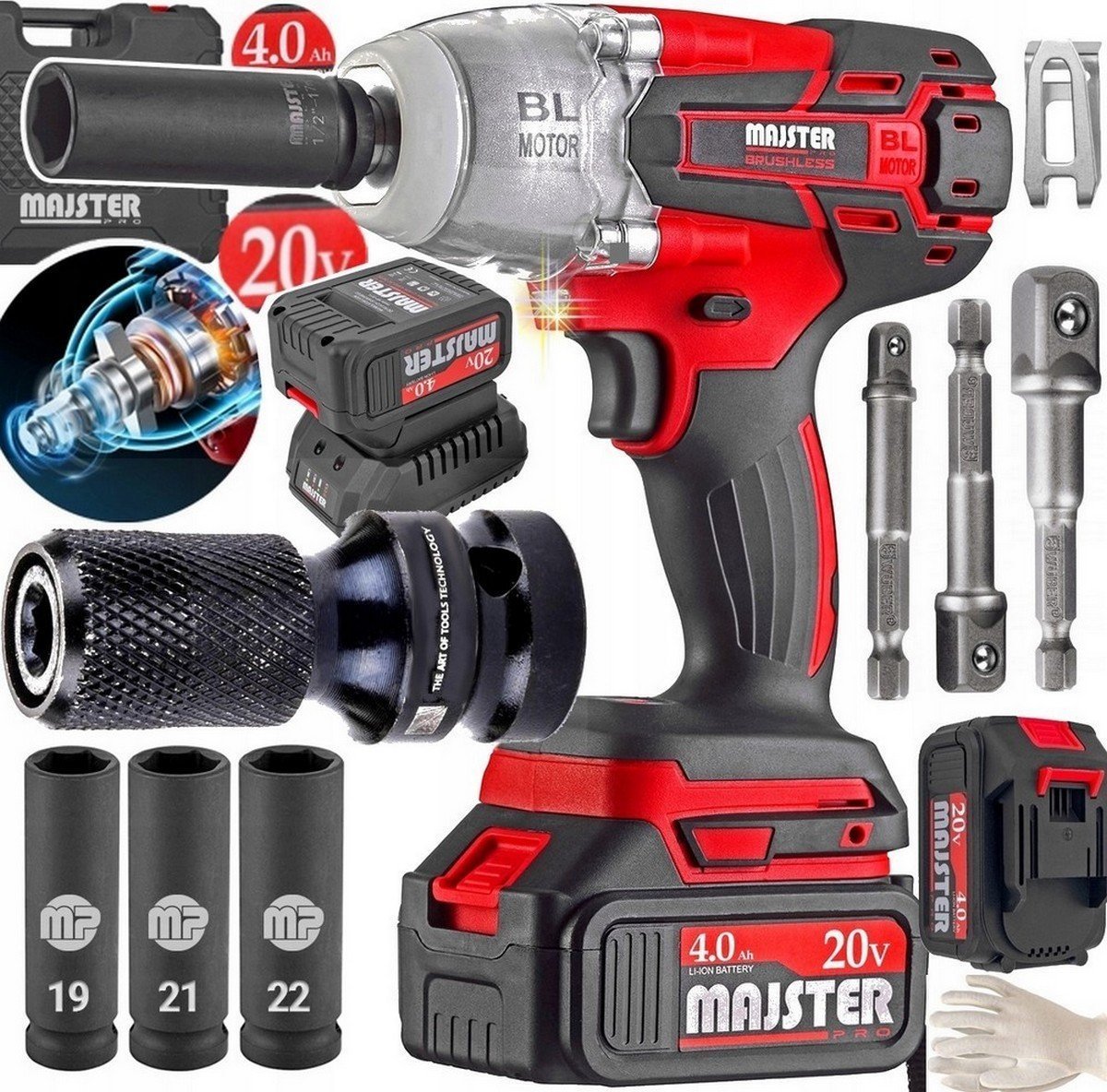 Klucz Do Kół Udar 1/2 Mocny 2x Akumulator 750Nm Bezszczotkowy 20V dodatki