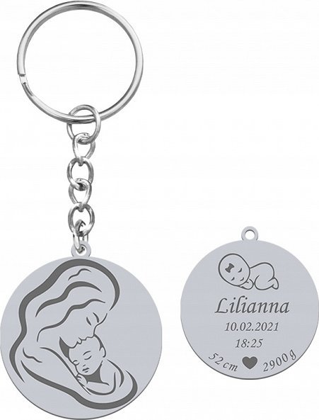 Radziszewska Jewellery Brelok do Kluczy Srebrny Metryczka Dziecka Imię Dziecka 925 GRAWER GRATIS