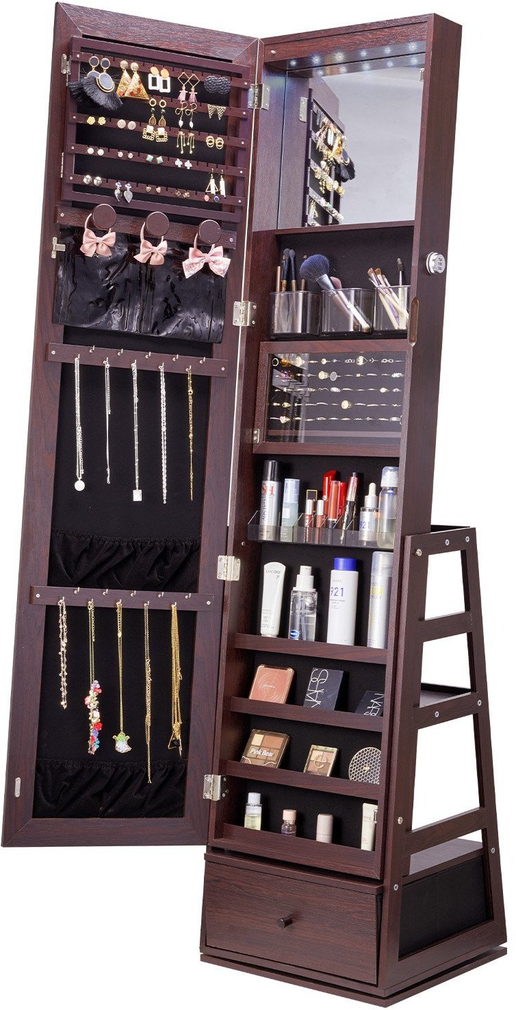 Obrotowa Szafa na Biżuterię z Lustrem 360 Brązowa