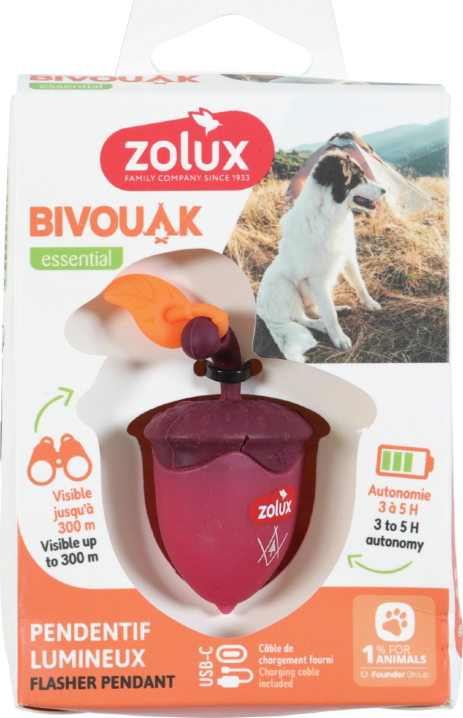 Zolux ZOLUX Świecąca zawieszka do obroży dla psa BIVOUAK czerwona orzech na USB