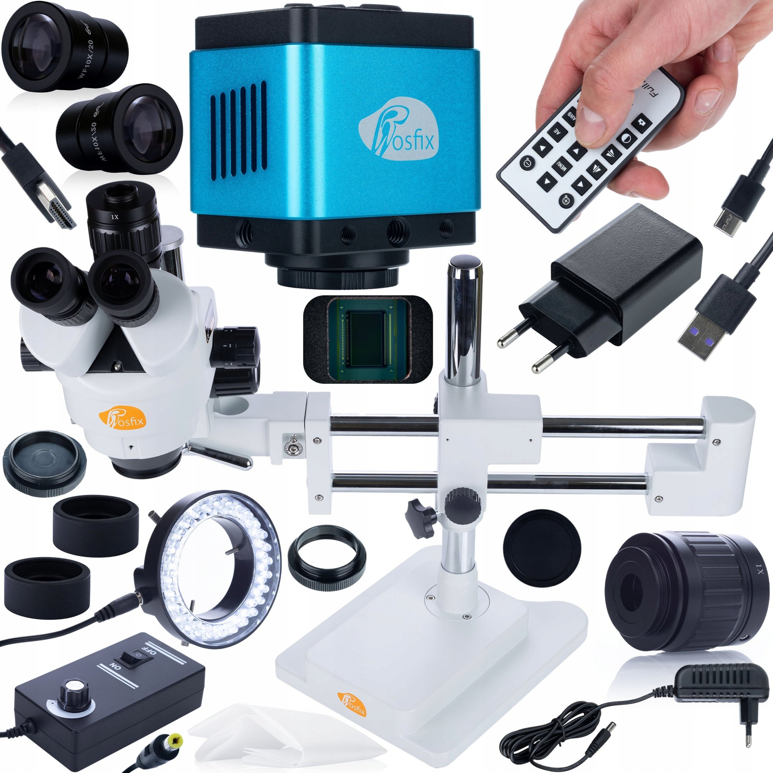Mikroskop Rosfix MIKROSKOP STEREOSKOPOWY TRINOKULAROWY KAMERA 4K ZESTAW OŚWIETLACZ 144xLED
