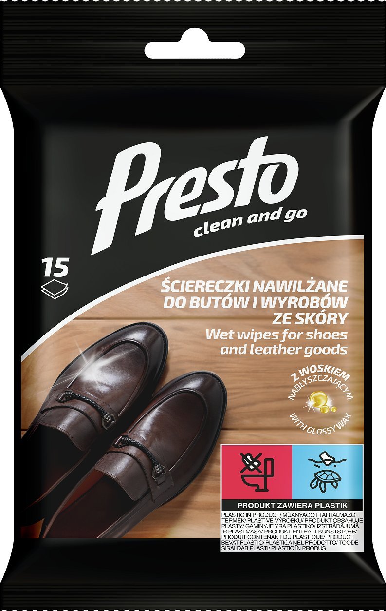 Osram Presto Ściereczki nawilżane z woskiem do butów i wyrobów ze skóry 15 sztuk