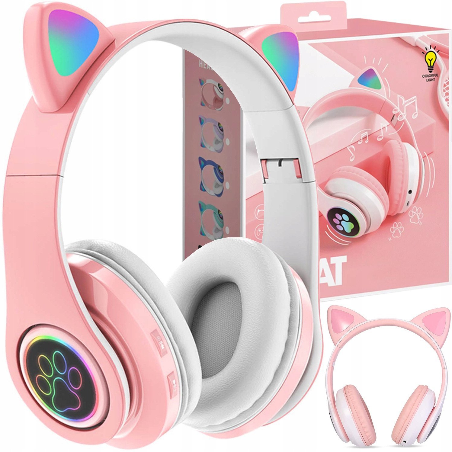 Słuchawki dziecięce RGB z uszkami, różowe