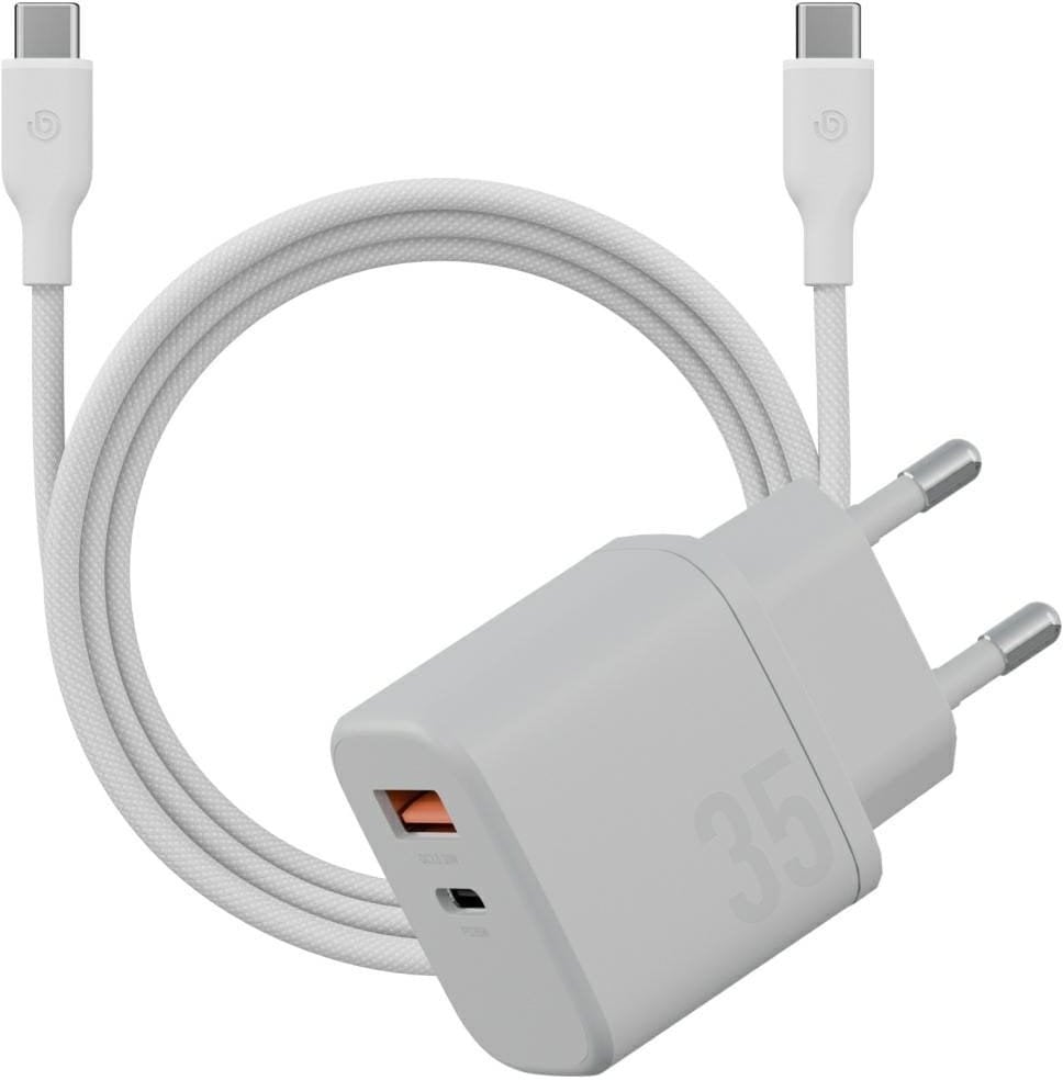 Ładowarka sieciowa Bazic Goport Velox Kit 1xUSB-C 1xUSB-A GaN 35W z kablem plecionym biały
