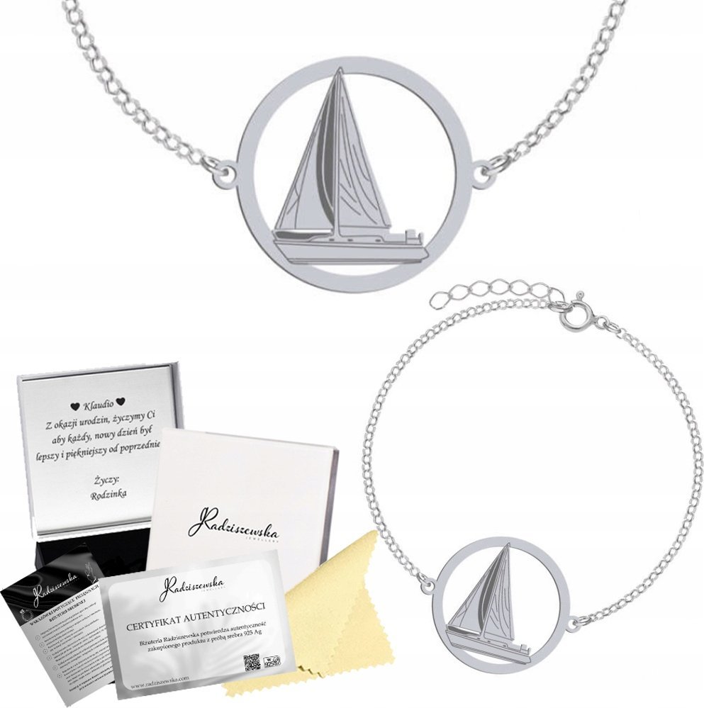 Radziszewska Jewellery Bransoletka Srebrna Żaglówka Żeglarstwo 925 Łańcuszek Prezent GRAWER