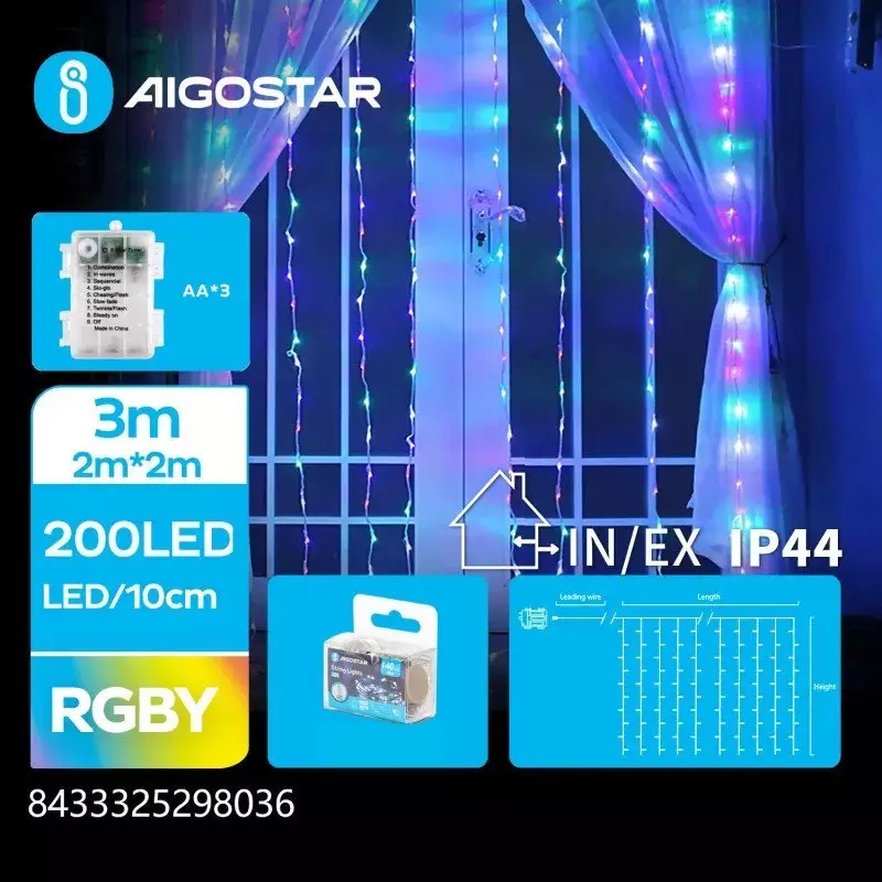 Lampki choinkowe Aigostar Lampki choinkowe kurtyna 200 led na 3 baterie AA,multikolor 2m * 2m Lampki choinkowe kurtyna led na 3 baterie AA,multikolor