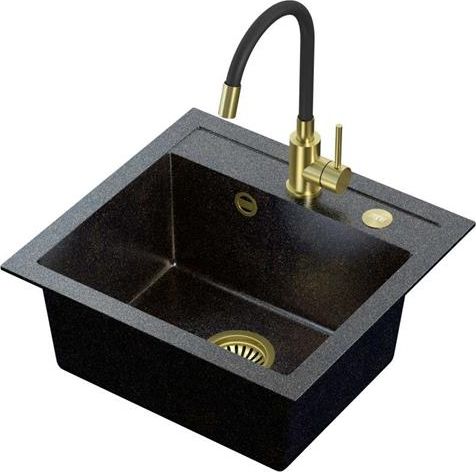 Zlewozmywak Steiner ART JOHNNY 110 (50x47x18,5) Steingran Art Gold Black Pearl z syfonem manualnym, baterią Maggie PVD i zaślepką - czarny opalizacja