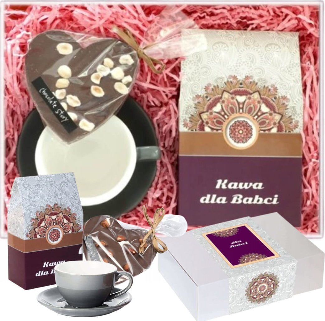 Cup&You Zestaw prezentowy dla babci SERDECZNY Box dla Babci. Zestaw kaw 10x10g, porcelanowa filiżanka, czekoladowe serce - prezent upominek na Dzień B