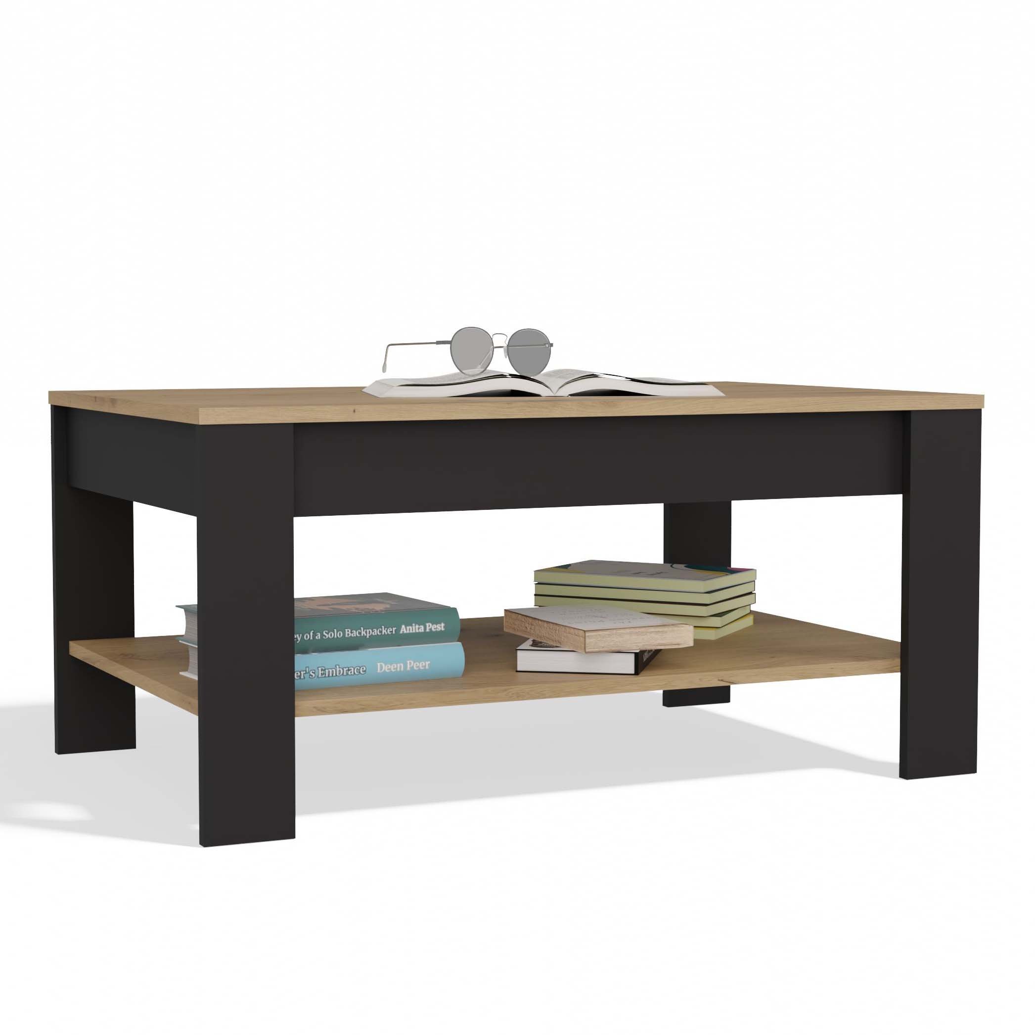 Stolik Kawowy OHIO DĄB ARTISAN CZARNY Ława Półki Do Salonu 93x58x43,5 Cm