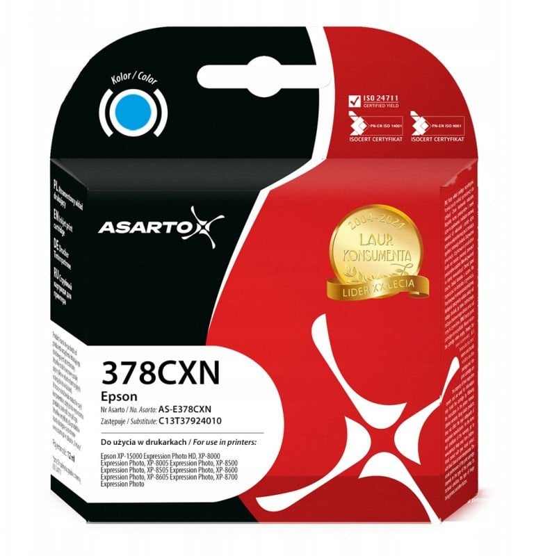 Tusz Asarto do Epson 378XL | C13T37924010 | 830 str. | cyan