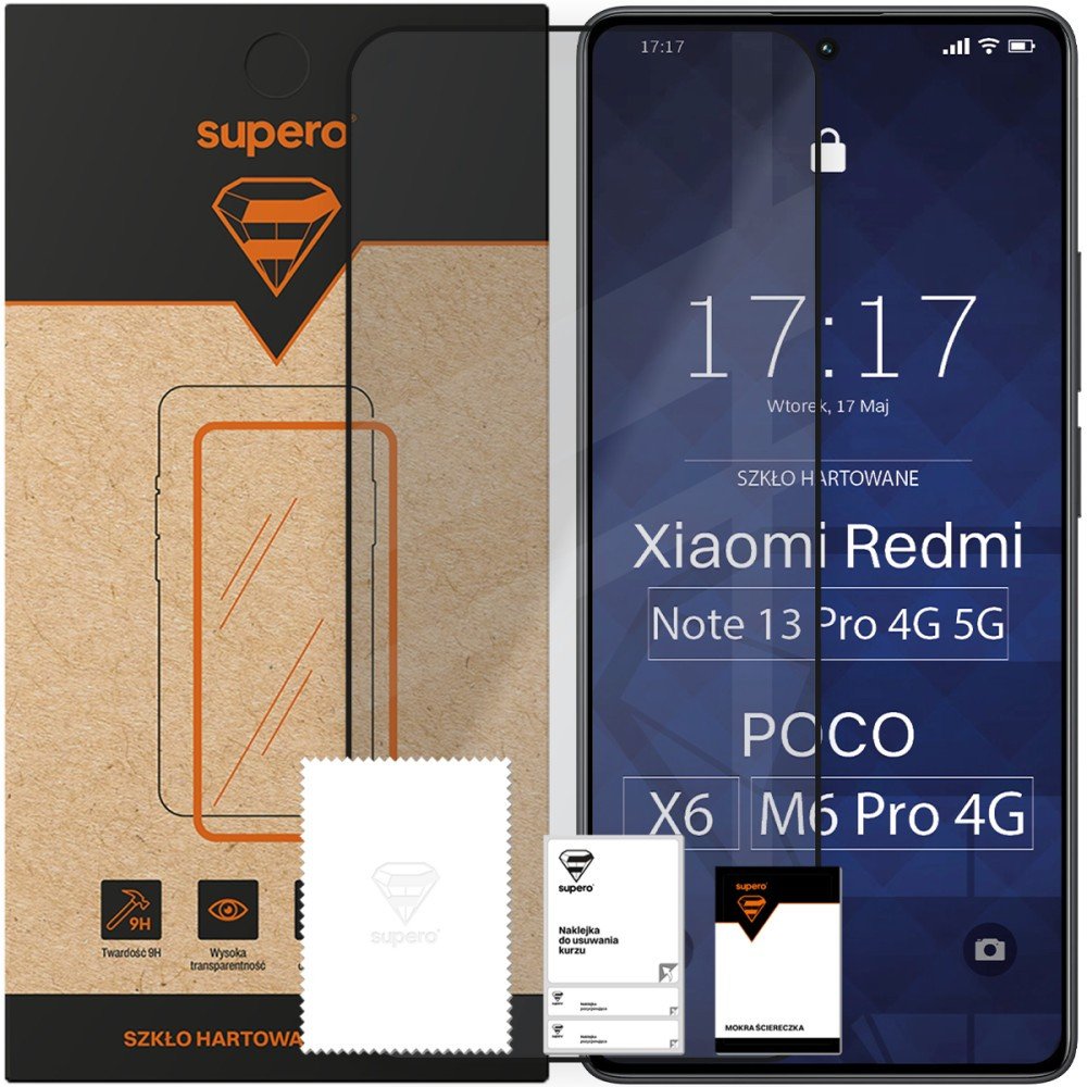 Szkło hartowane Supero do Xiaomi Redmi Note 13 Pro 4G/5G / POCO X6 5G / POCO M6 Pro 4G, z czarną ramką