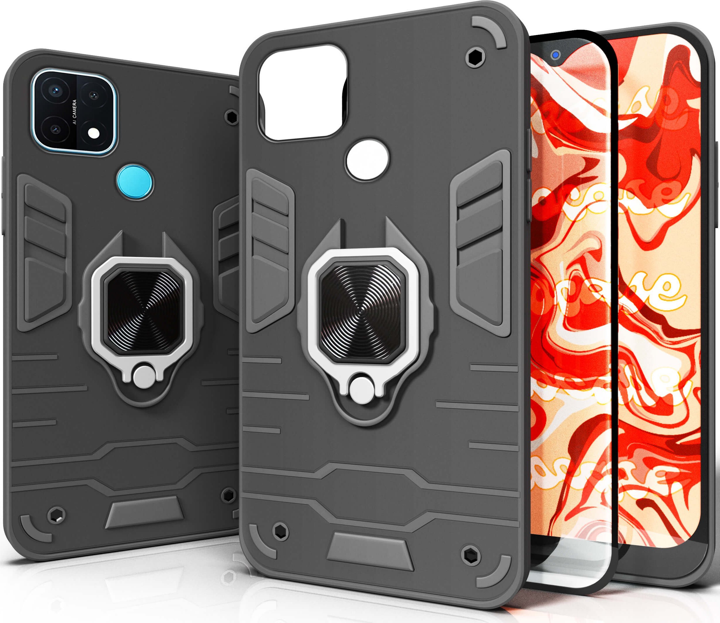 Hello Case ETUI PANCERNE DO OPPO A15 CZARNE OBUDOWA ARMOR HOLDER RING CASE SZKŁO 9H