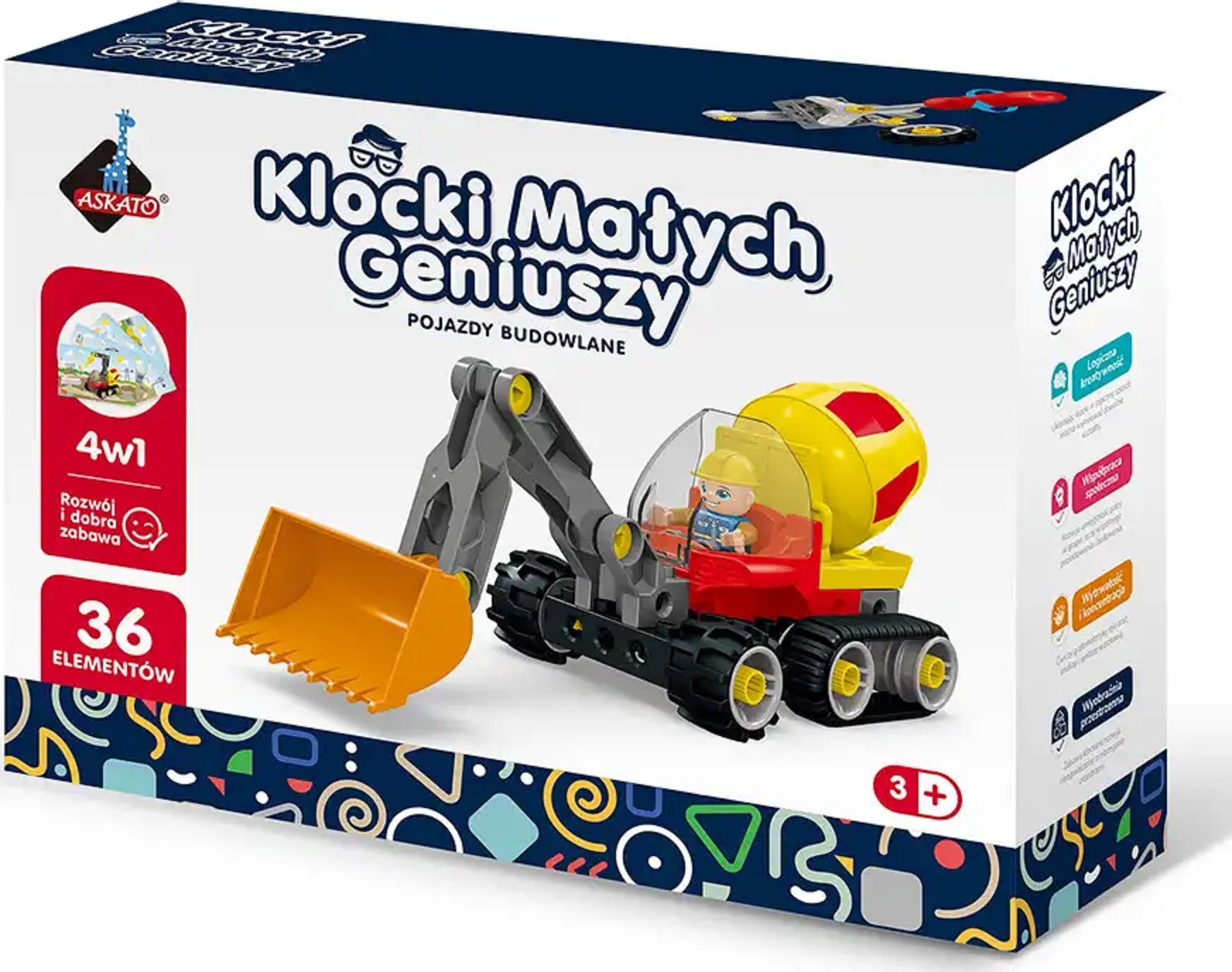 Askato Klocki Konstrukcyjne 4w1 Mały Geniusz 36 el. Pojazdy