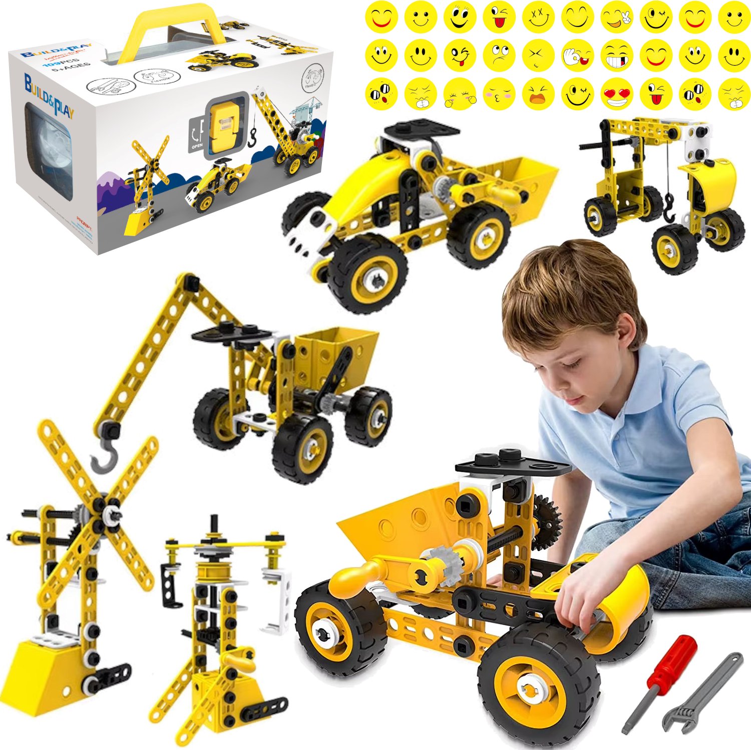 KLOCKI POJAZDY BUDOWLANE DO SKRĘCANIA DŹWIG 100el. Maszyny BUDOWA +naklejki