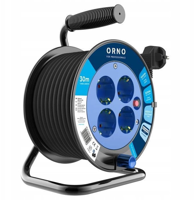 Przedłużacz bębnowy, 4 gniazda 2P+Z, kabel PVC H05VV-F 3x1,0mm2, długość 30m, termik, przesłony torów prądowych, schuko