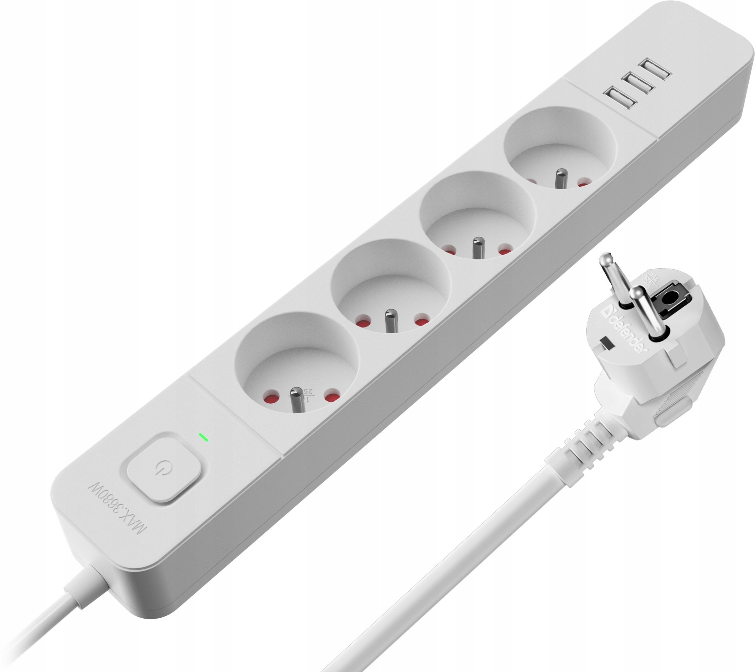 Listwa zasilająca Defender SFS 133 1,5 m, 4 gniazda, 3x USB biała