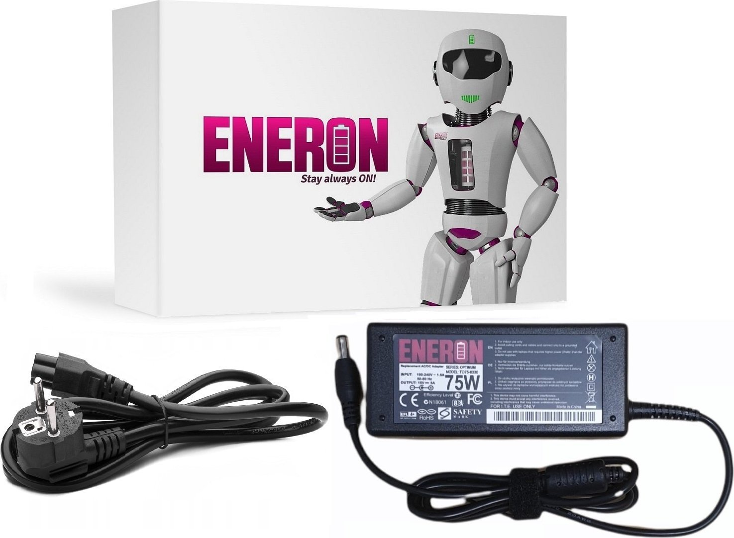 Zasilacz do laptopa Eneron Zasilacz ładowarka do laptopów Toshiba 15V 75W 5A wtyk 6.3x3.0mm + kabel zasilający