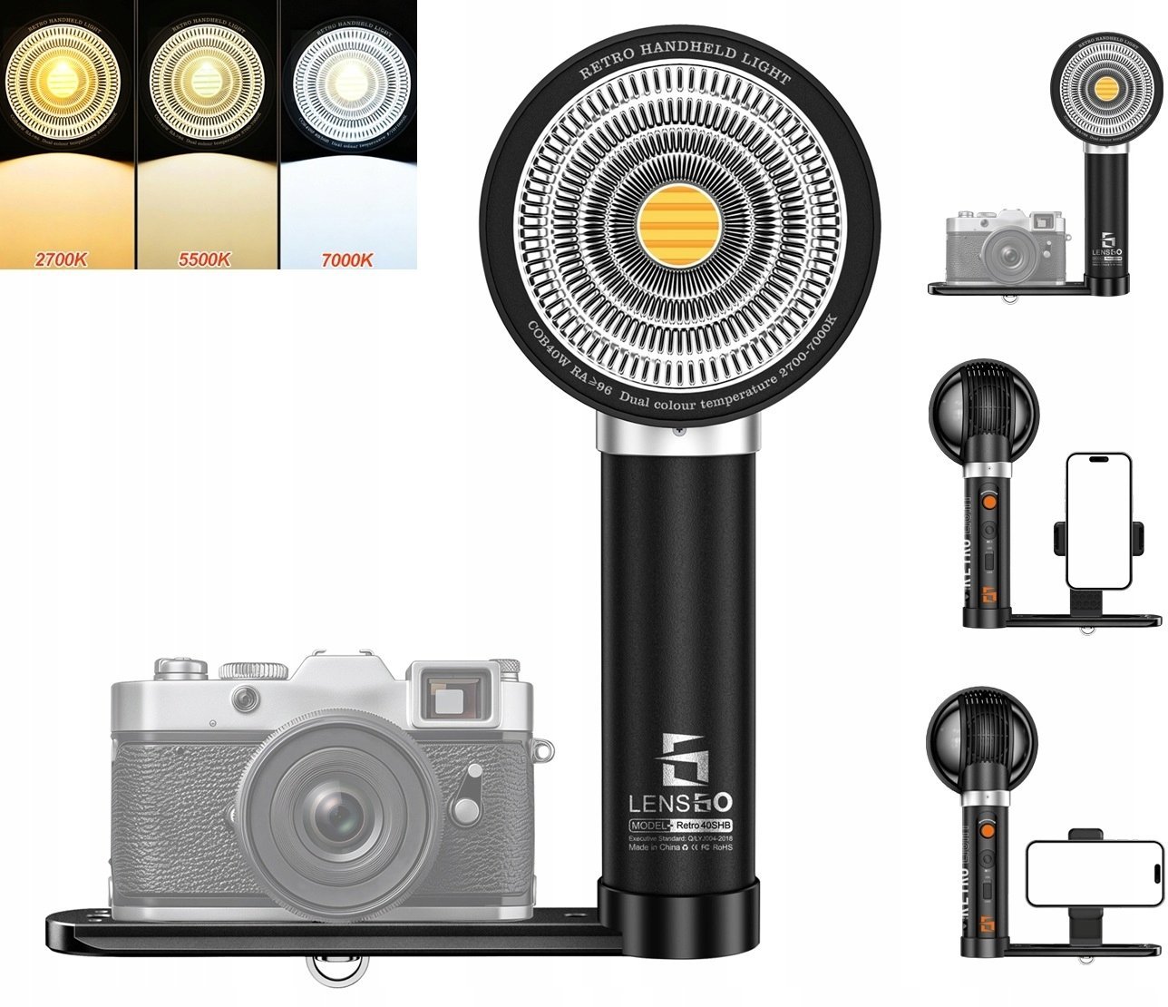 Ręczna Lampa Led 40w Cob Retro Foto 2700-7000k Do Telefonu Aparatu / 40shb