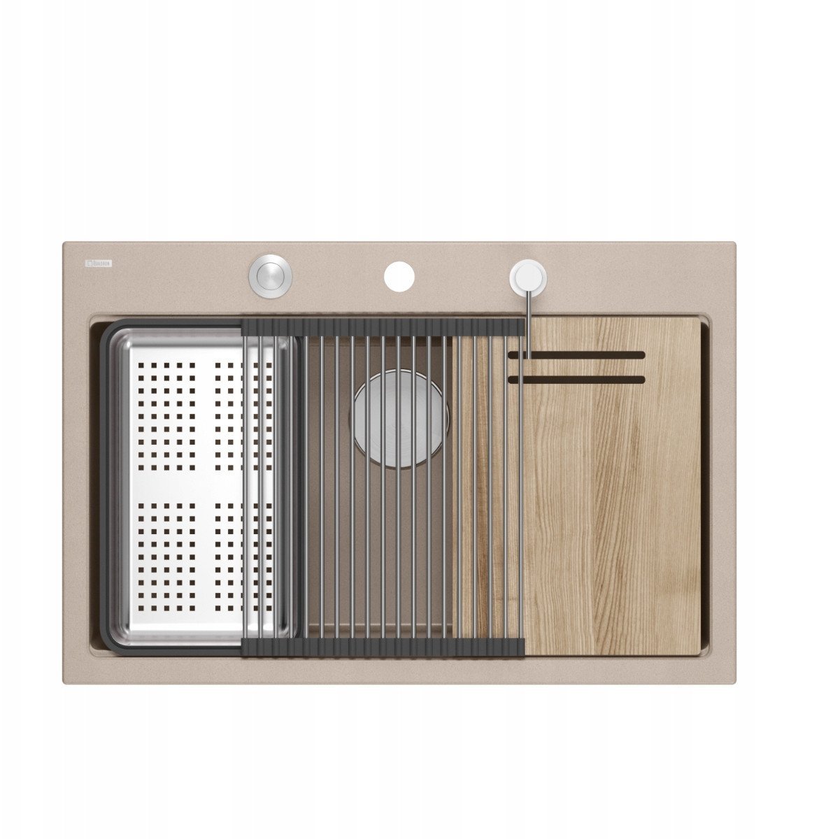 MARC 110 WORKSTATION GraniteQ zlewozmywak 1-komorowy 760*500*235 mm pearl beige + syfon push to open + dozownik stal szcz.+ wkładka ociekowa+ Qmata +d