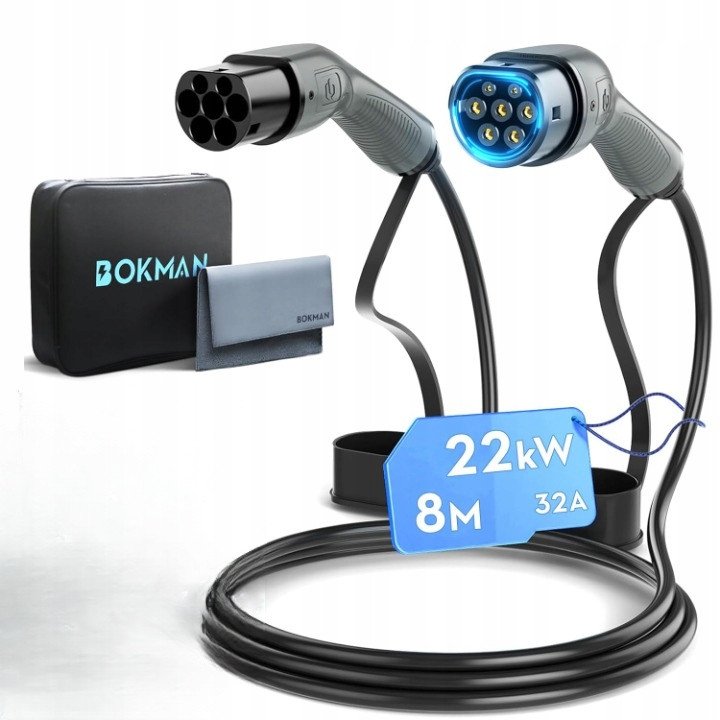 Kabel do ładowania samochodów Bokman Kabel do ładowania typ 2 22 kW 32 A 3-fazowy 8m kabel EV