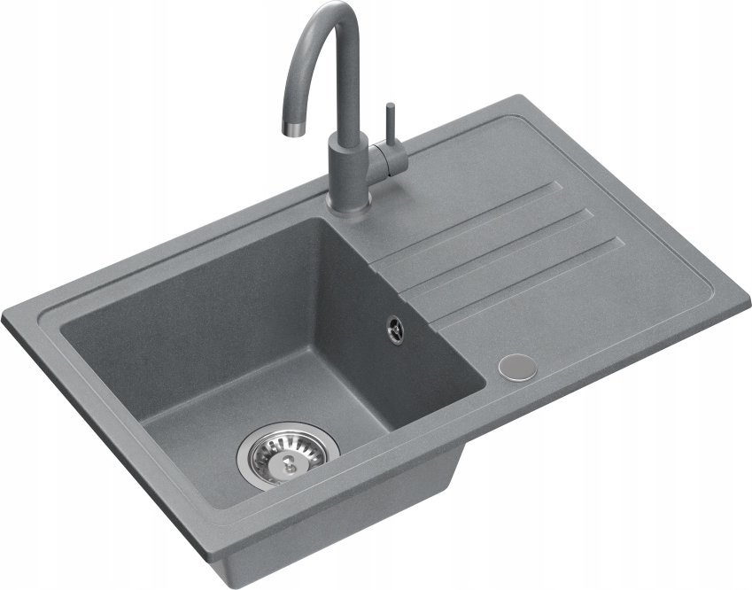 Zlewozmywak BEN 111 zlewozmywak granitowy silver stone 70x44 z szarą baterią ze stałą wylewką, ze stalowym syfonem i zaślepką