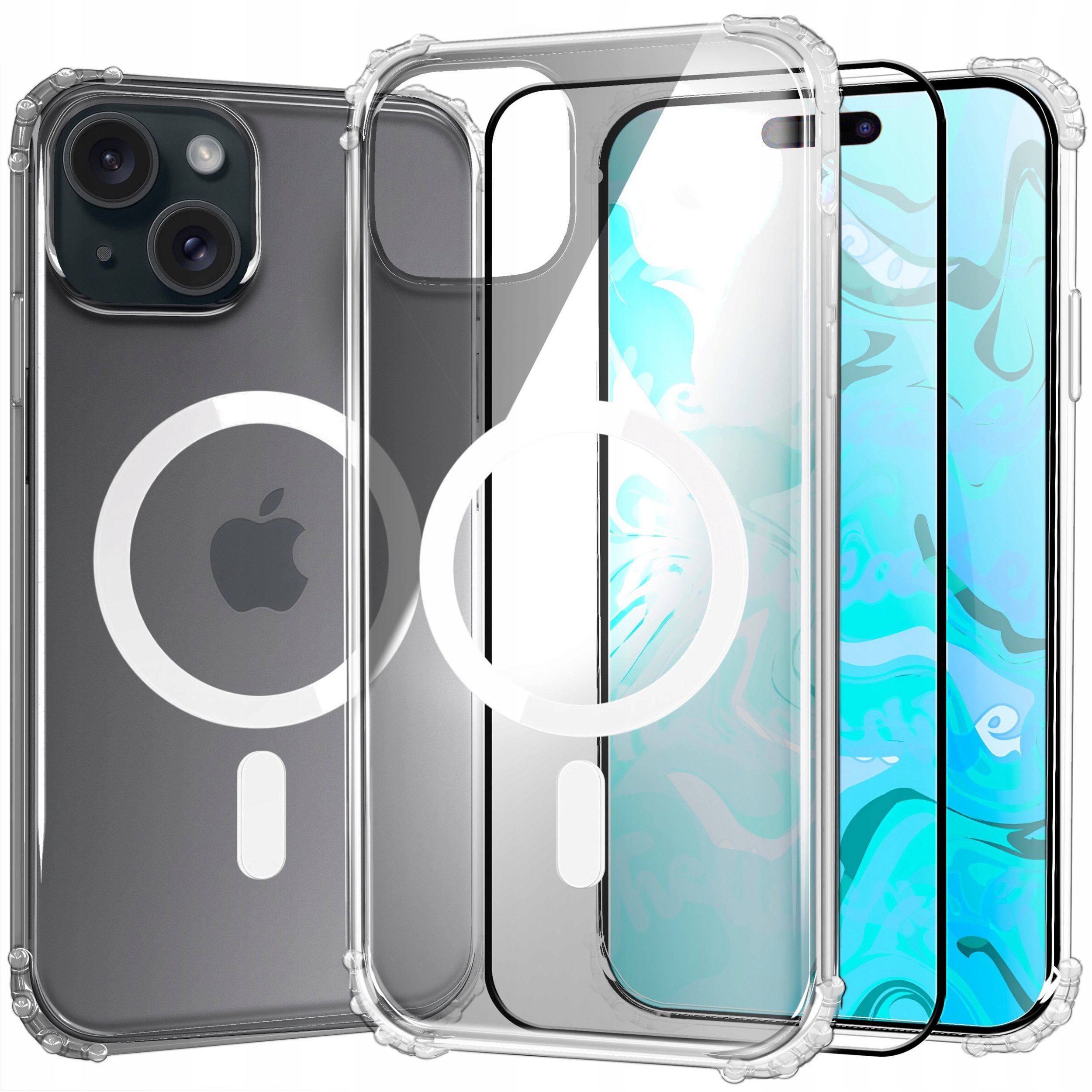 Etui Pancerne Do Apple iPhone 15 (Do Magsafe, Przezroczyste) Szkło 9H