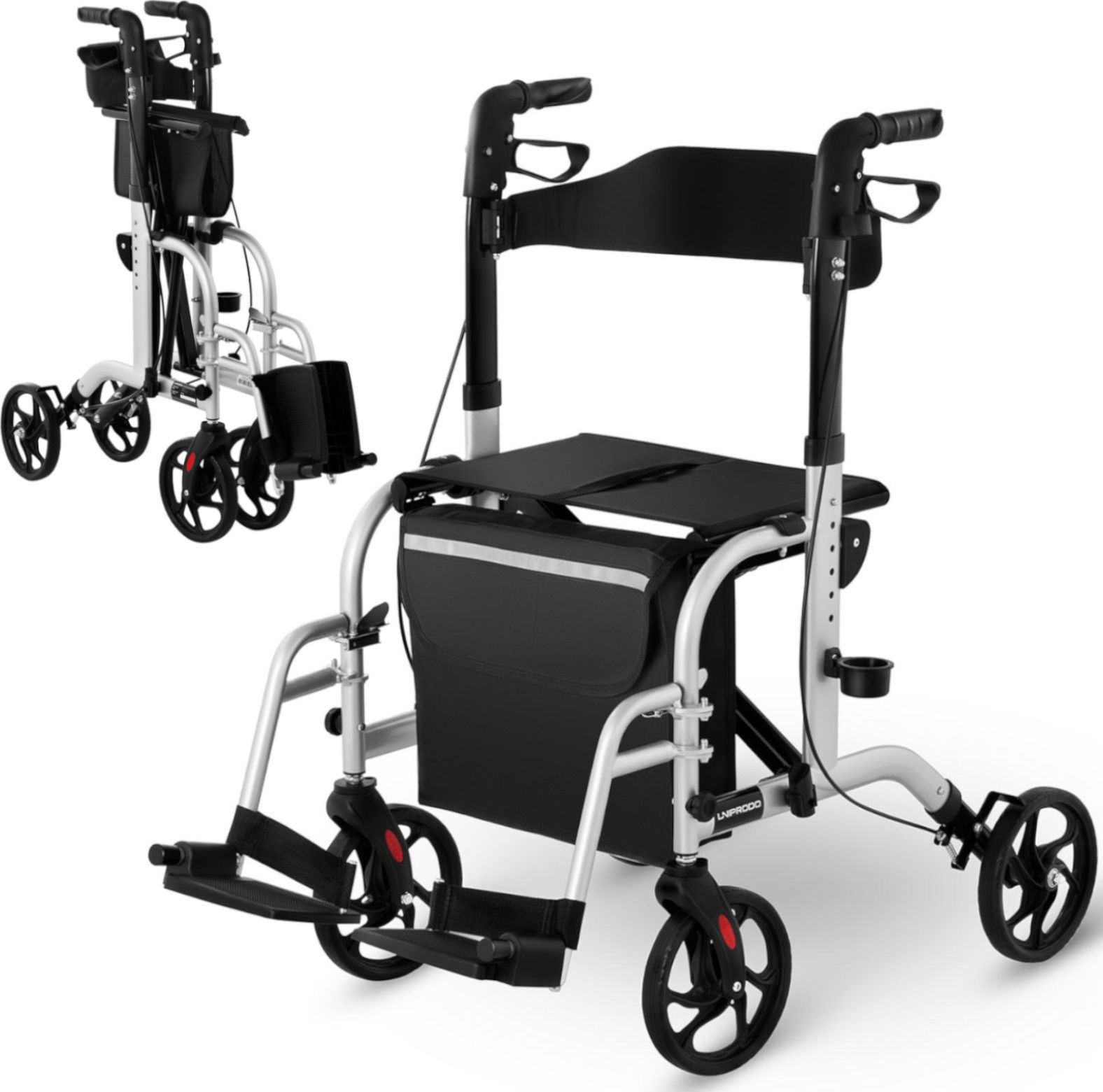Uniprodo Balkonik chodzik rehabilitacyjny 2w1 z funkcją wózka składany z torbą do 136kg Balkonik chodzik rehabilitacyjny 2w1 z funkcją wózka składany