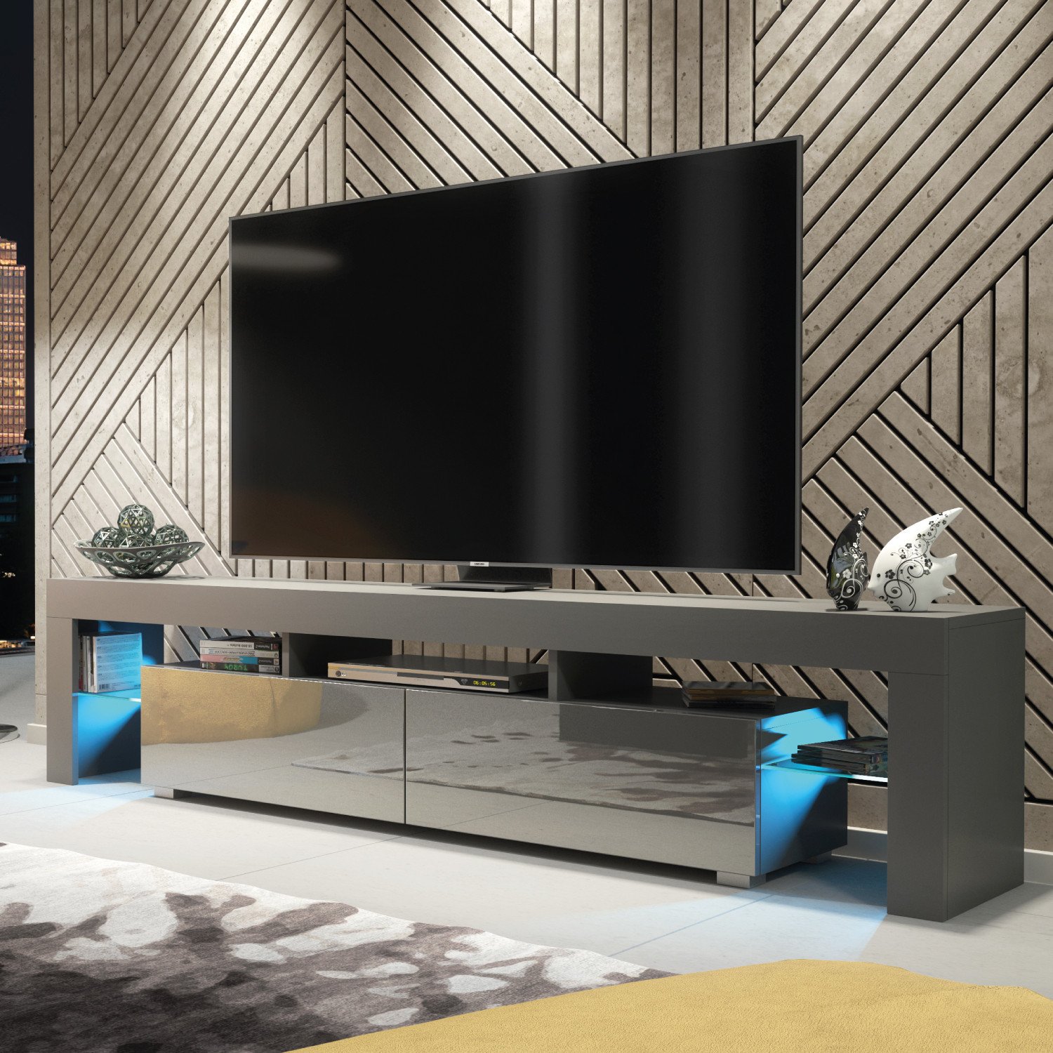 Szafka RTV Nova 200cm ONE FURNITURE - Szary Laminat & Połysk