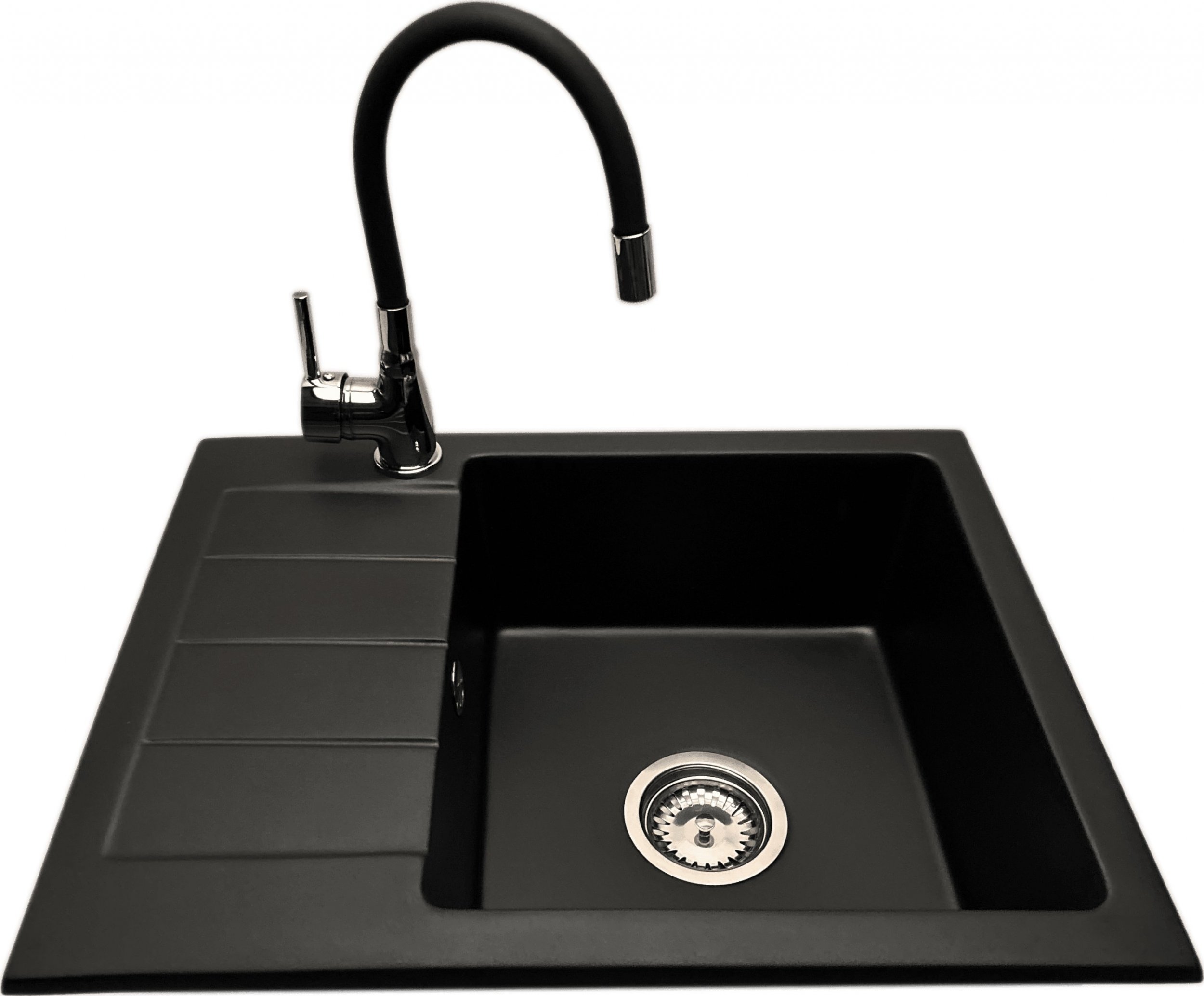 Zlewozmywak PREHNIT Zlewozmywak jednokomorowy z ociekaczem ADAL czarny z lewym ociekaczem + bateria flex LAVO