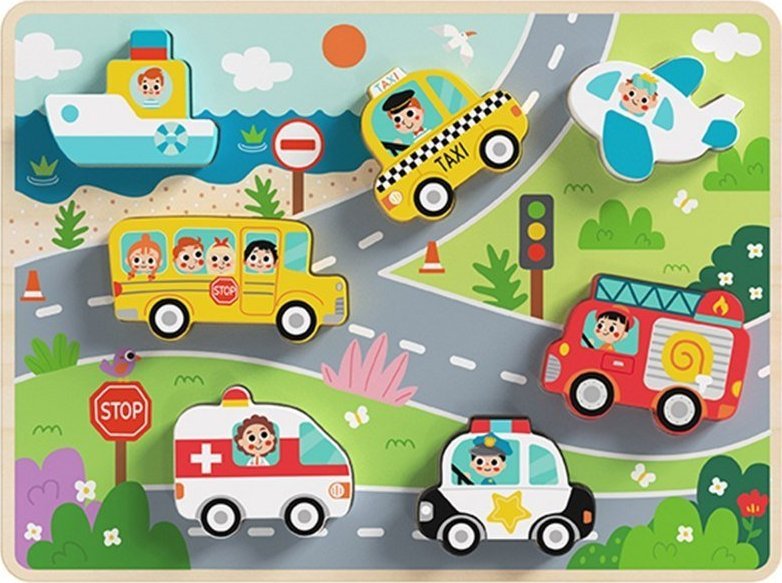 Tooky Toy Tooky Toy Drewniane Puzzle Pojazdy Samochody Samolot Statek Miasto Dopasuj Kształty