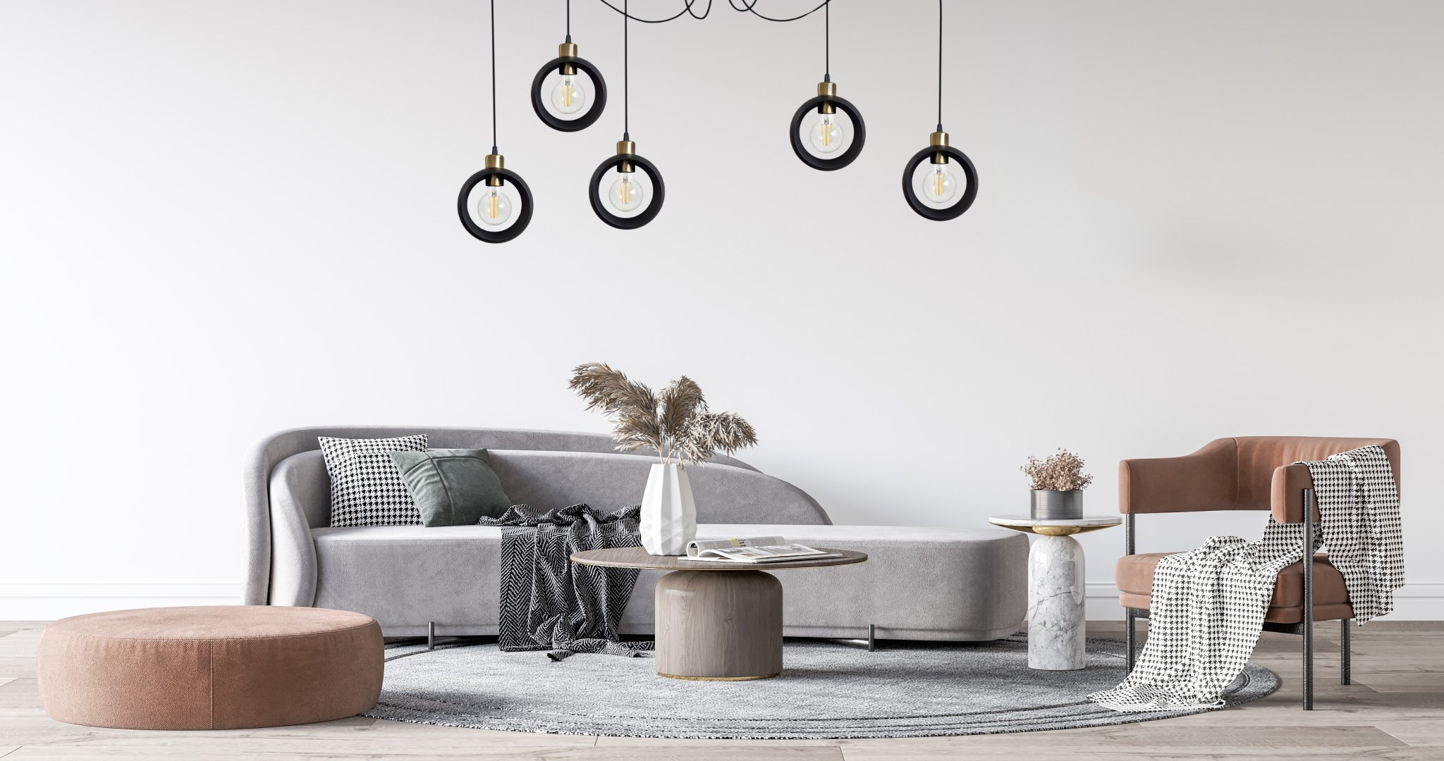 Nowoczesna lampa sufitowa RING wisząca 5-punktowa industrialny design, loft, czarna z akcentami starego złota