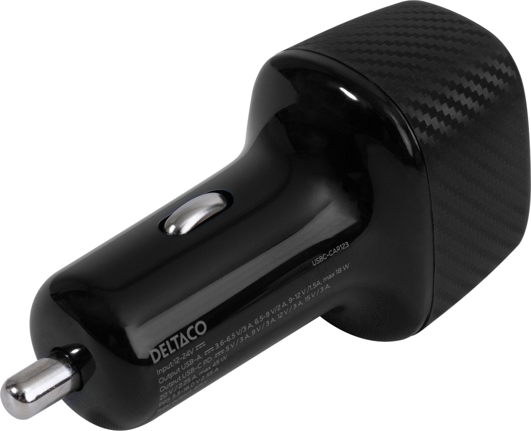 Ładowarka Deltaco USB automobilinis kroviklis 1x USB-A 18 W, 1x USB-C PD 45 W, viso 63 W / USBC-CAR123
