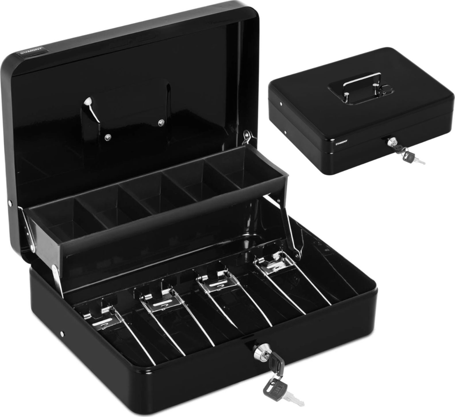 Stamony Kasetka stalowa na pieniądze z tacką na monety bilon czarna