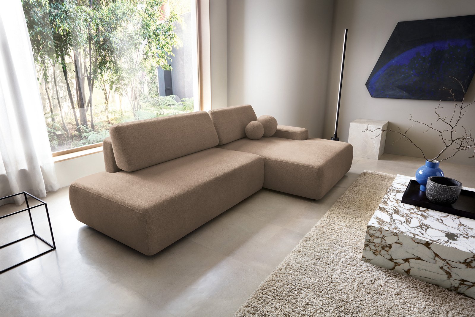 Narożnik OLMI O prawostronny Raven 45 czekoladowy ciemny brąz funkcja spania + poduszki