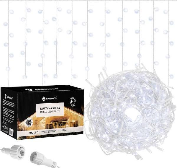 Springos Kurtyna świetlna 500 led girlanda, lampki wewnętrzno-zewnętrzne sople zimny biały z flash UNIWERSALNY
