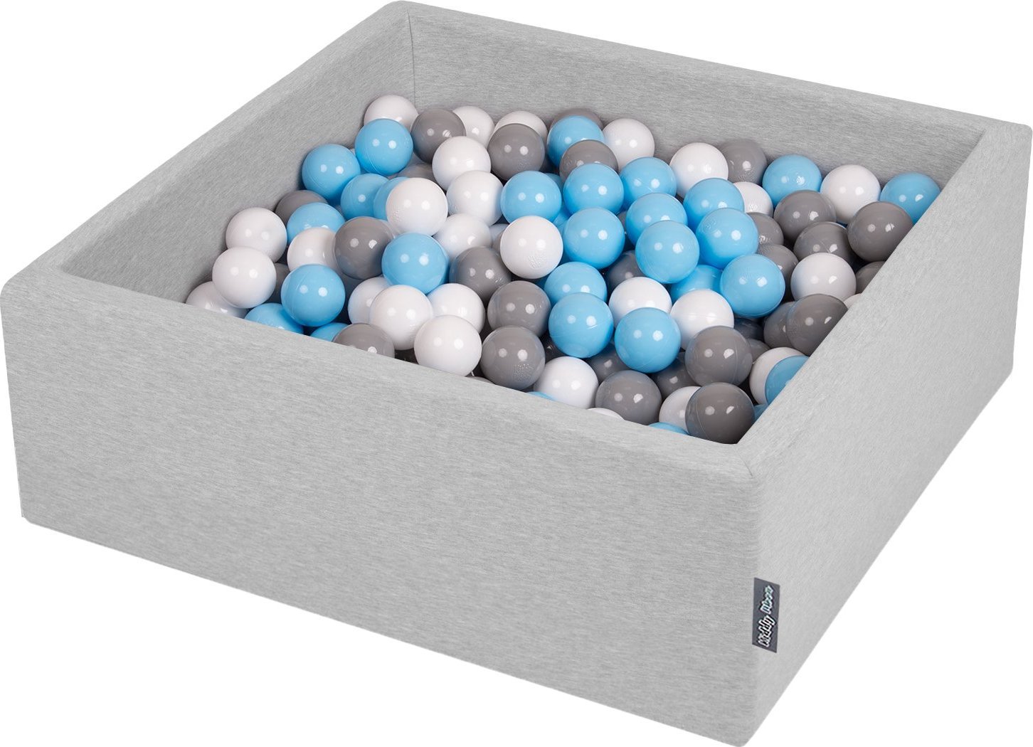KiddyMoon KiddyMoon Suchy basen kwadratowy z piłeczkami 7cm jasnoszary: szary-biały-babyblue 90x30cm/300piłek Zabawka basen piankowy