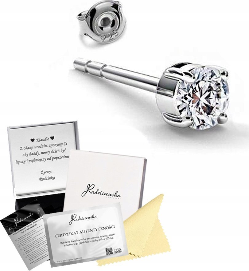 Radziszewska Jewellery Kolczyk Srebrny Męski z Cyrkonią 3mm 925 Sztyft Prezent DEDYKACJA GRATIS