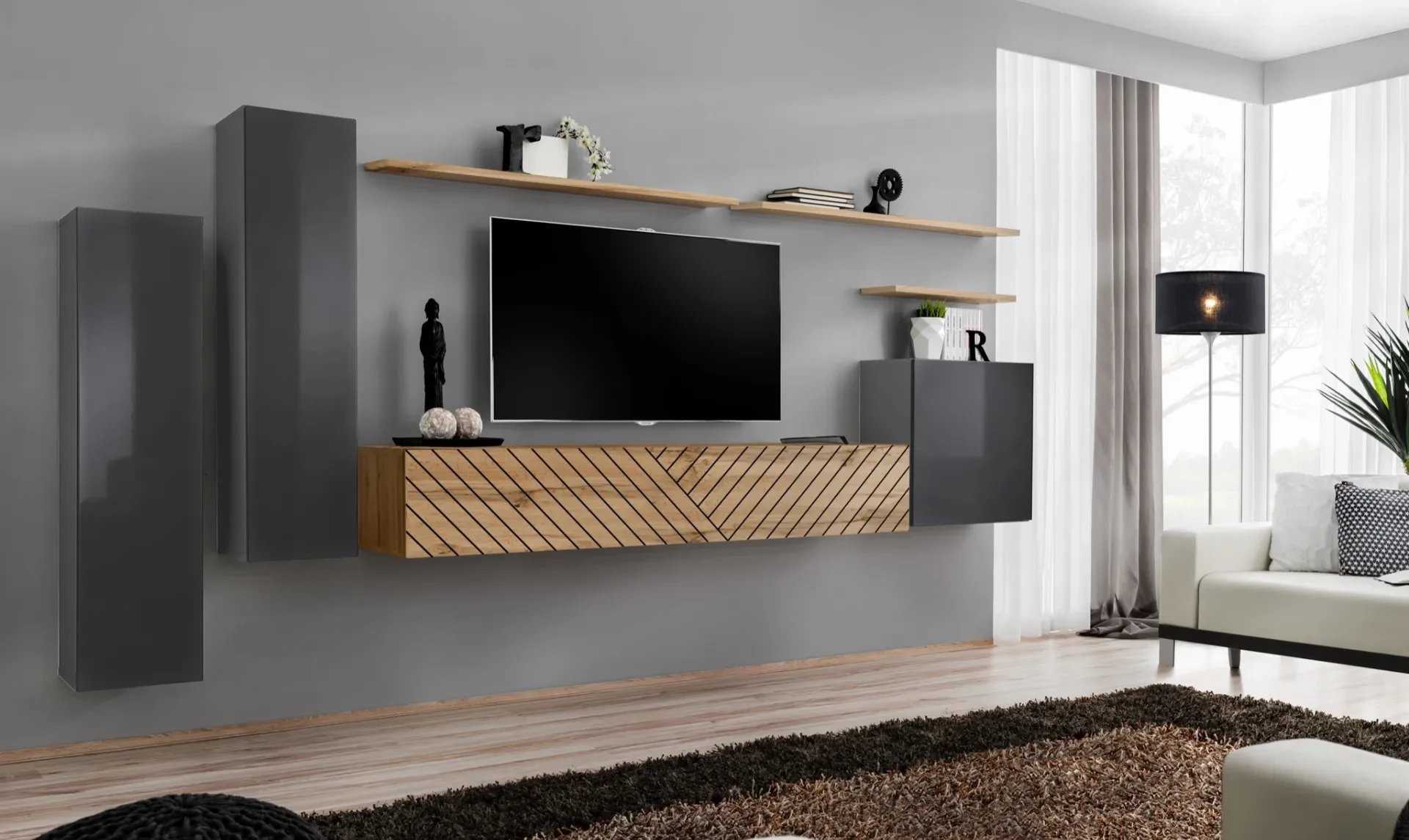 Meblościanka SWITCH LAMEL I szara/dąb wotan ASM Meble