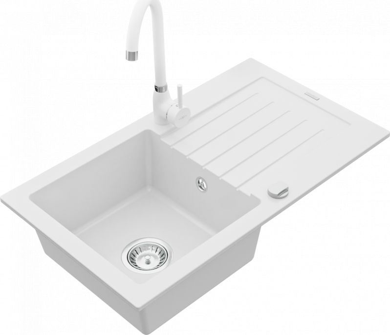Zlewozmywak Mexen Pablo granitowy 1-komorowy z ociekaczem i baterią kuchenną Telma, biały - 6510-20-670200-20
