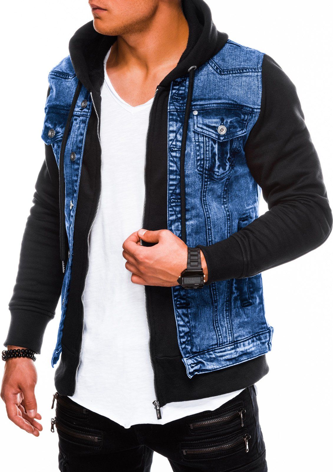 Ombre Kurtka męska jeansowa C322 - jeans/czarna XXL