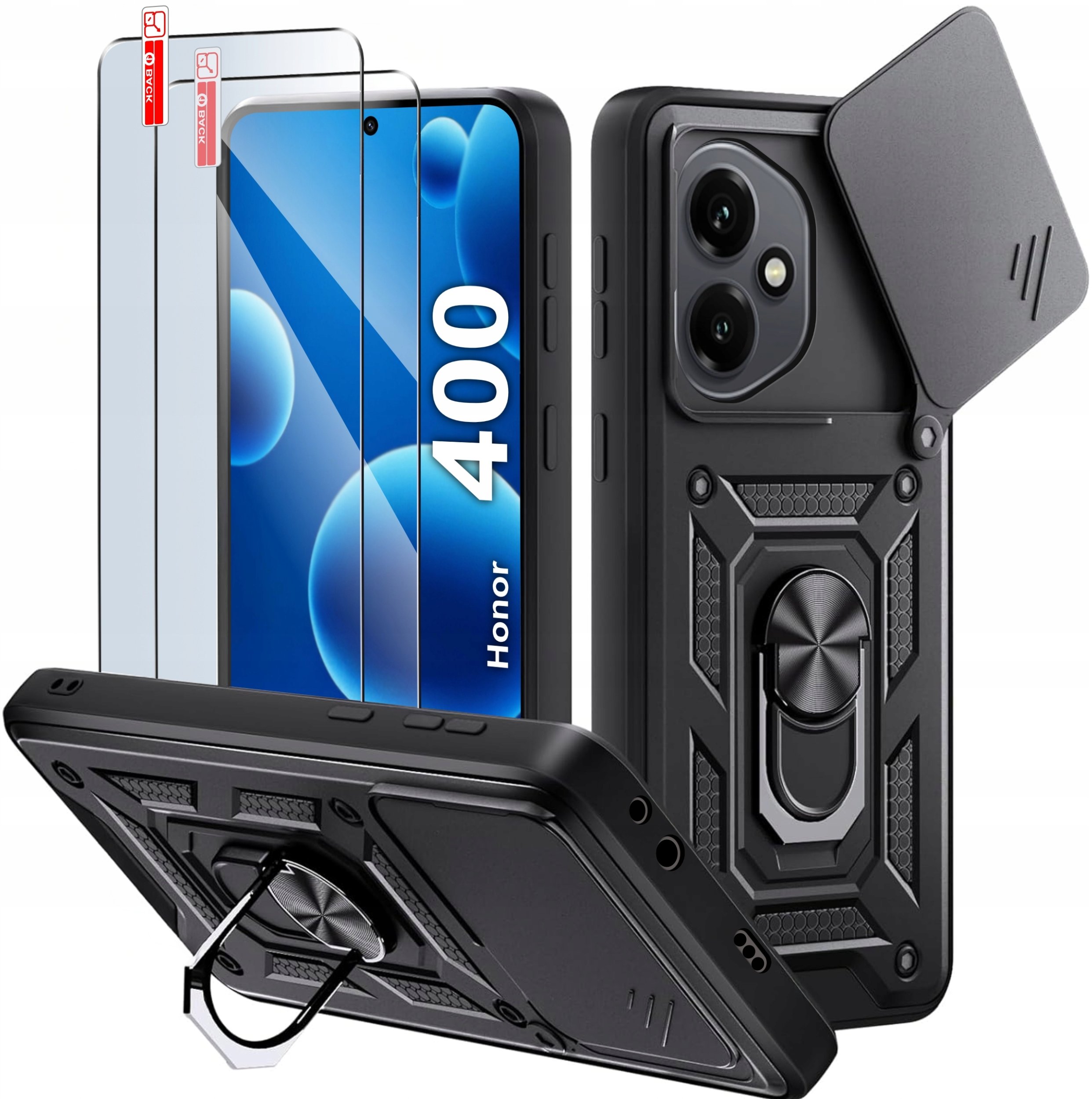 krainaGSM Etui Pancerne CZARNE SLIDE do Honor 400 wzmocnione + 2x Szkło